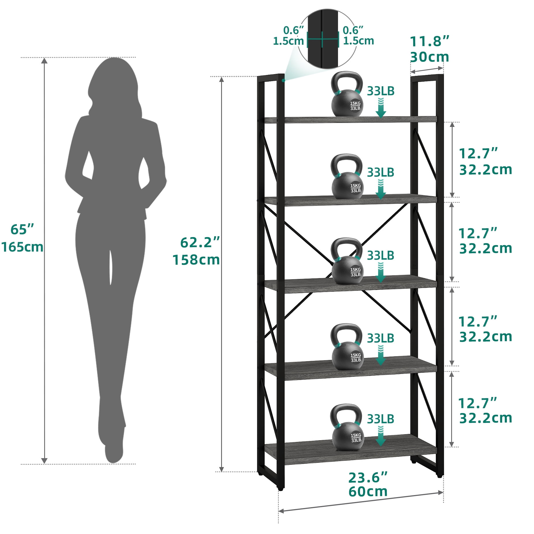 Dextrus 5-Tier Industrial Ladder Freestanding Bookcase with Open Storage Shelves, Gray & Black