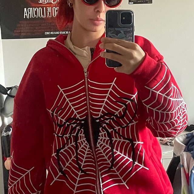 Y2k Chandail à Capuchon pour Femmes d'Hiver et d'Automne, Veste Zippée Décontractée, Araignée, Hip-Hop, Chandails à Capuchon, Météore, Strass Imprimés, Harajuku Mode Urbaine, Rouge, TG