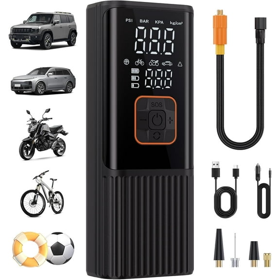 Tire Inflator Portable Air Compressor, 6X Faster 180 PSI Portable Air Compressor, Air Pump with Pressure Gauge - Portable Tire Inflator for Car Tires, Motor, Bicycle, Balls and More Black