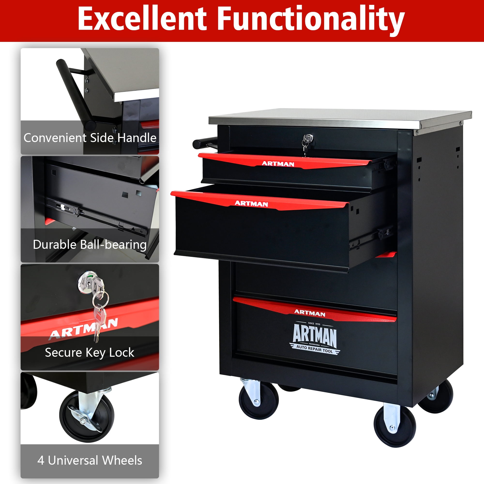 Aukfa Tool Box 4-Drawer Rolling Tool Chest Combination Workbench for Workshop Garage, Black
