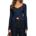 thumbnail image 2 of Women'S Long Sleeve Cardigan Open Front Knit Cropped Sweaters Fall V Neck Button Down Jacket Tops Navy Blue S, 2 of 10
