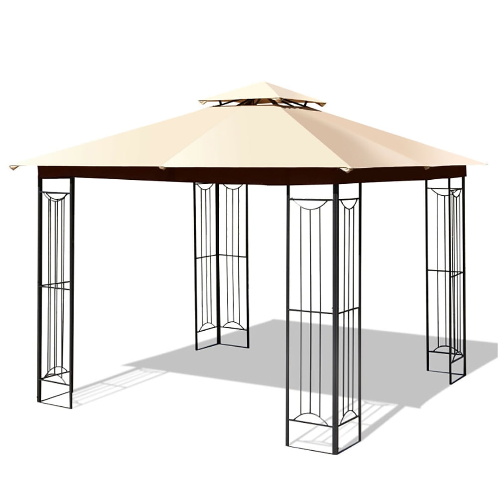 Aimee Lii 10 x 10 Feet L-Shaped Patio Canopy Gazebo Outdoor 2-Tier Steel Tent, Backyard Canopy Gazebo for Party Wedding BBQ Events, Beige