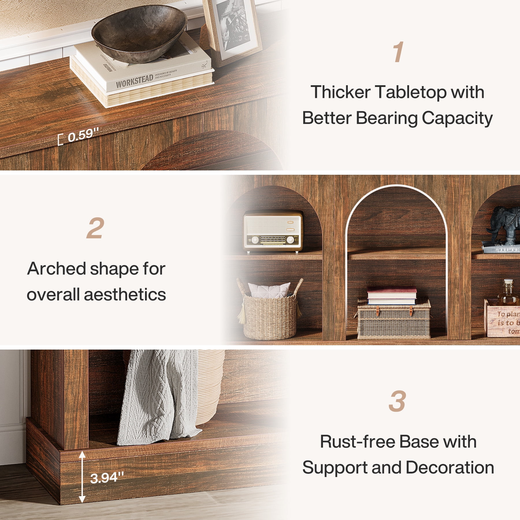 Tribesigns Farmhouse Console Table, 63-Inch 3 Tier Entryway Table with Storage, Wooden Rectangular Sofa Table Behind The Couch for Hallway, Dark Brown