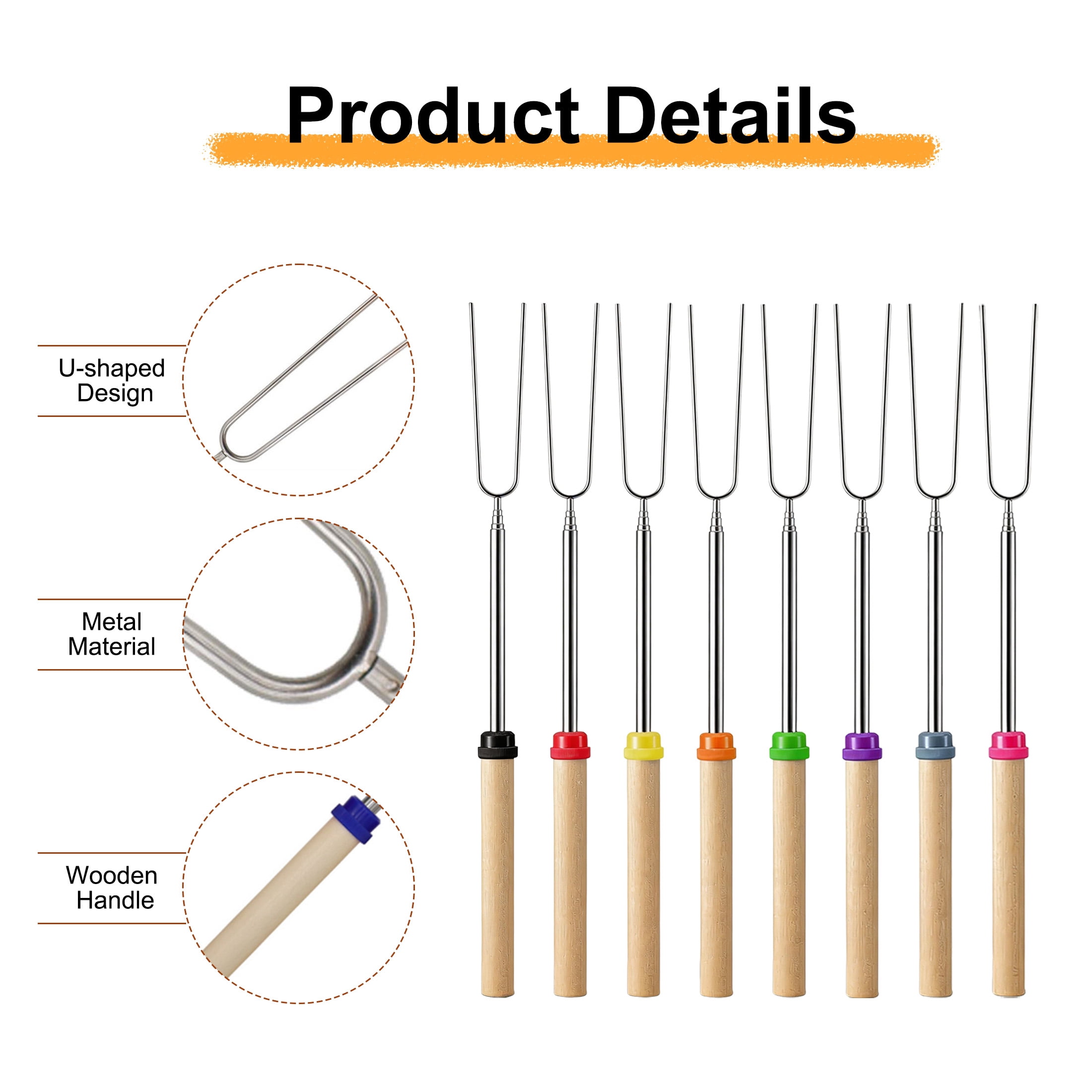 8 Pack Roasting Sticks, Extendable Skewers For Grilling Stainless Steel BBQ Forks with Wooden Handle & Storage Bag, Portable Camping Cookware for Hot Dog, Marshmallow
