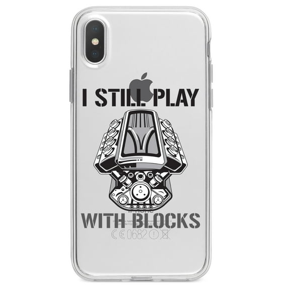 DistinctInk Clear Shockproof Hybrid Case for iPhone XR (6.1" Screen) - TPU Bumper Acrylic Back Tempered Glass Screen Protector - I Still Play with Blocks - Cars