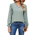 thumbnail image 3 of Hibeli Women Lace Trim V Neck Puff Long Sleeve Eyelet Solid Color Tops, 3 of 7