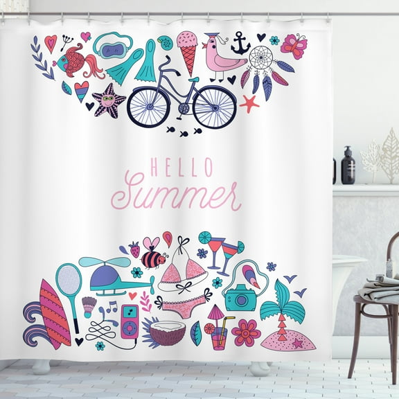 Hello Summer Shower Curtain, Message with Swimsuit Coconut Camera Ocean Waves Surfboard Cocktail Doodles, Fabric Bathroom Set with Hooks, 69W X 84L Inches Extra Long, Multicolor, by Ambesonne