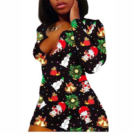 

Women Sexy Deep V Neck Shorts Jumpsuit Christmas Pajamas Button Long Sleeve One Piece Bodycon Rompers Homewear Pajamas