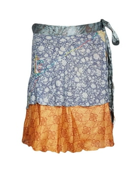 Mogul Women Printed Reversible Indian 2 Layer Silk Sari Wrap Skirts