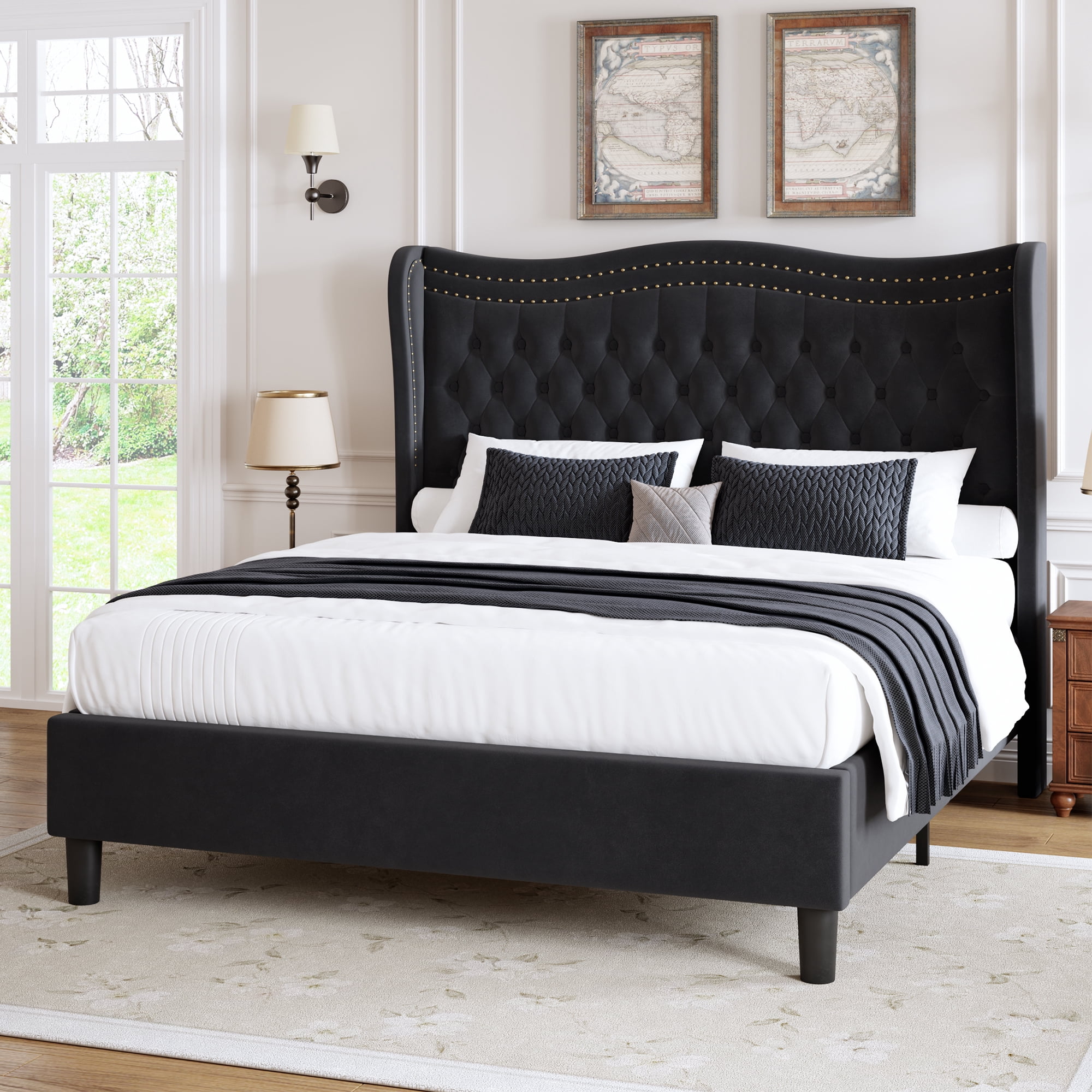 BSHTI Full Size Upholstered Bed Frame with Wingback Headboard – Velvet Diamond Tufting & Double Nail Trim, No Box Spring Needed, Black