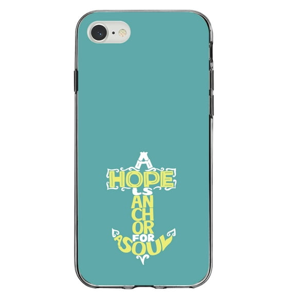 DistinctInk Clear Shockproof Hybrid Case for iPhone 7 8 SE (2020 Model) 4.7" Screen TPU Bumper Acrylic Back Tempered Glass Screen Protector - Hope is an Anchor for a Sould - Yellow Teal