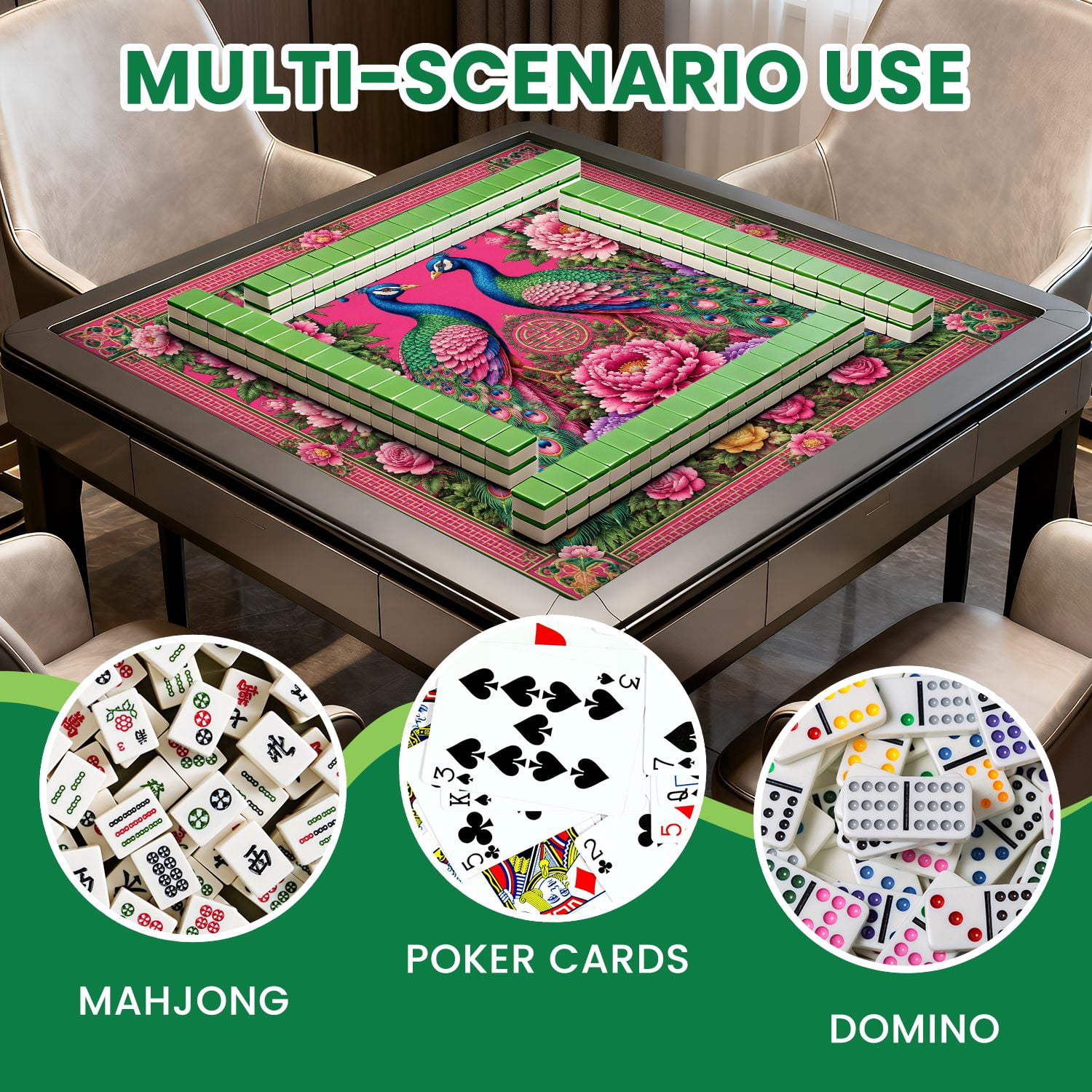 Mahjong Mat 31.5" x 31.5" Vibrant Peacock Floral Art Colorful Feathers Bright Pink Non-Slip Noise Reduction Chic Portable Gaming Table Cover for Family Game Night & Gift