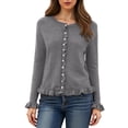 thumbnail image 4 of vigerkar Womens Casual Ruffle Cardigan Sweaters Button Up Crew Neck Long Sleeve Sweater Cute Soft Knit Tops (Grey, L), 4 of 7