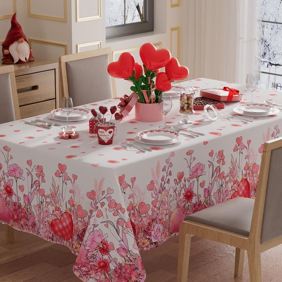 Wild Flowers Love Hearts Valentine’s Day Tablecloth Rectangle Table Cloth Washable Table Covers for Indoor Dining Home Party Decorations 60x84 Inch