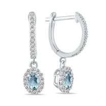 SZUL Women's 1/2 Carat Oval Aquamarine and Diamond Halo Dangle Earrings in 10K White Gold