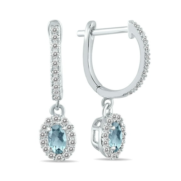 SZUL Women's 1/2 Carat Oval Aquamarine and Diamond Halo Dangle Earrings in 10K White Gold