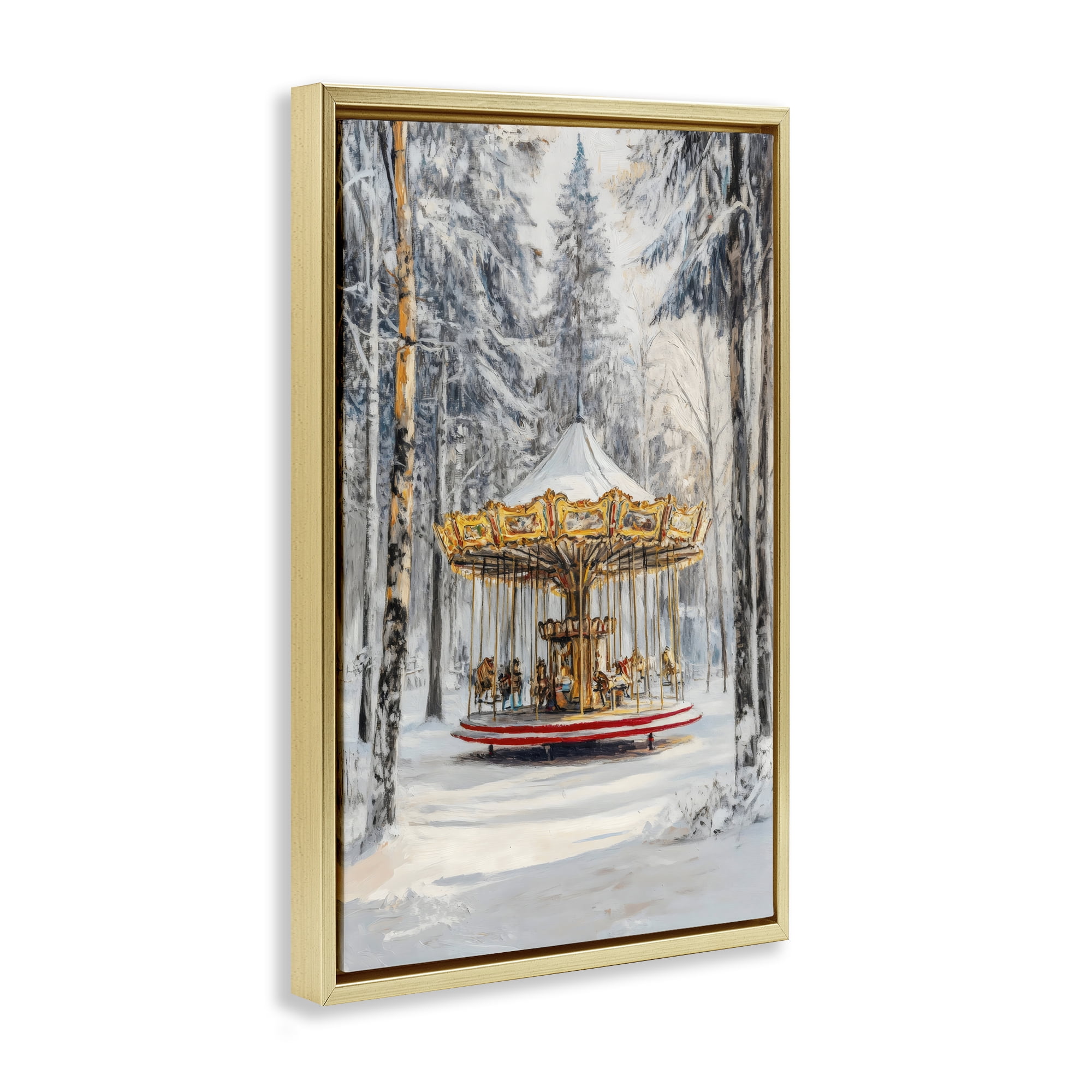 Winter Wonderland Carousel Gold Framed Floater Canvas Wall Art, design by Petal Prints Design