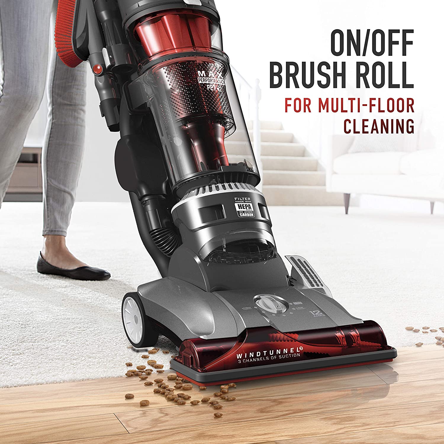 Refurbished Hoover WindTunnel Cord Rewind Pro Bagless Vacuum – HEPA Filter, Self-Propelled, Gray