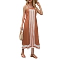 thumbnail image 3 of Women Bohemian Floral Dress Summer Casual Color Block Maxi Beach Overall Dress Coverups Dark Brown L, 3 of 9