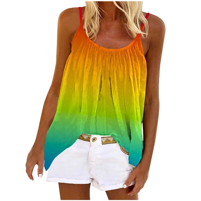 RKSTN Womens Summer Tops 2023 Summer Sleeveless Halter Gradient Color Tank Tops Flowy Pleated V-Neck Casual Loose Tee