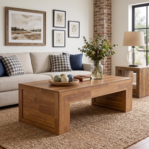 Fnova 47" Rectangular Coffee Table, Farmhouse Wooden Center Table with Thick Base, Rustic Brown Accent Table for Living Room