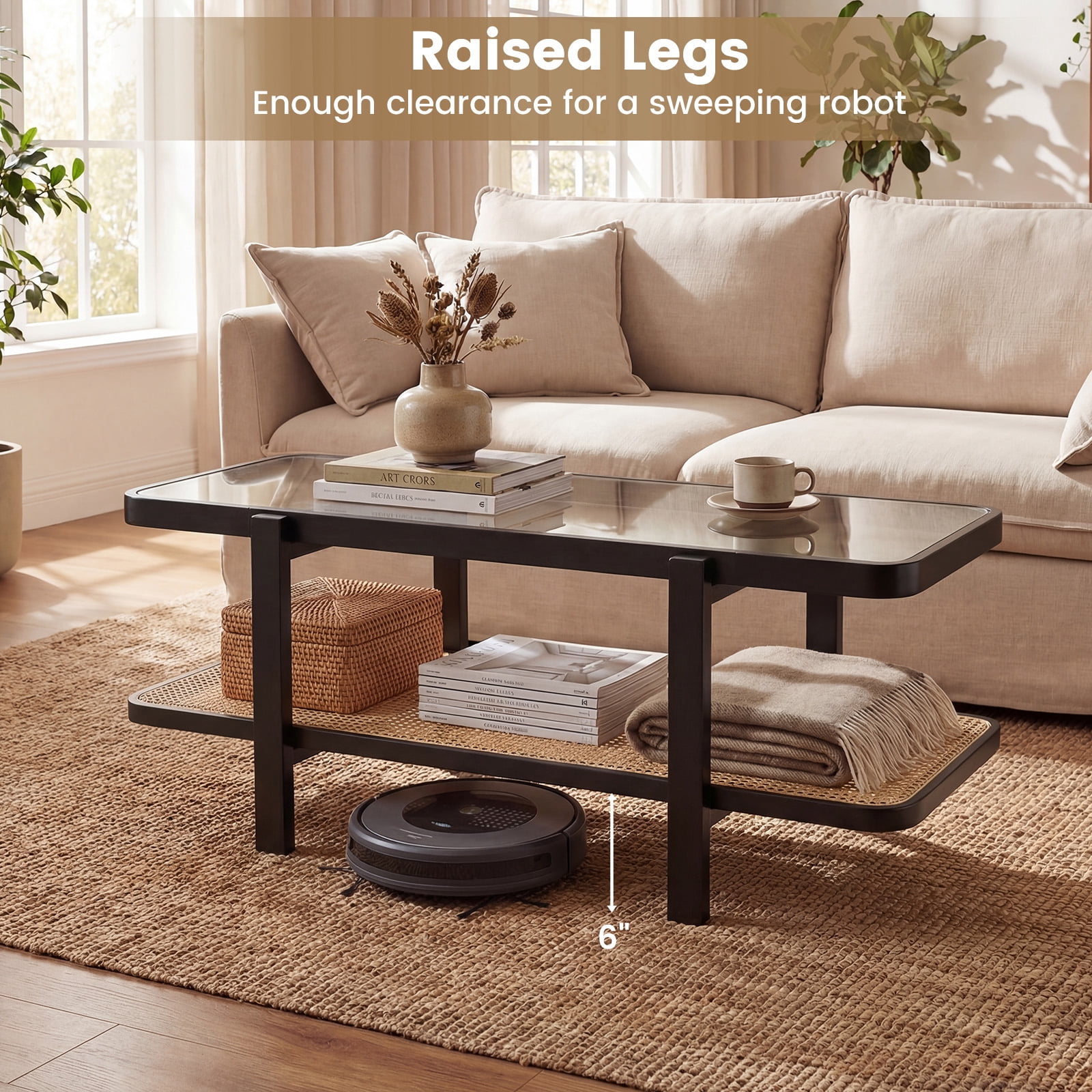Costway 2-Tier Coffee Table with Storage, Tempered Glass Top, PE Rattan Shelf & Wood Frame Black & Natural