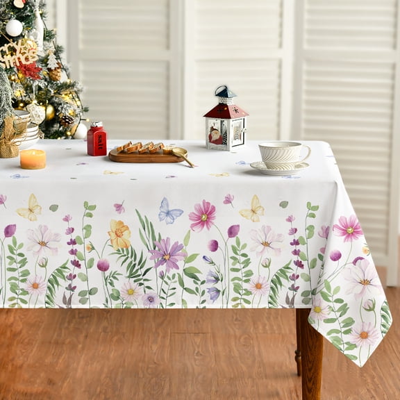 Spring Tablecloth 60x84/ 60x104/ 60x120/ 60x60 Inch Rectangle round, Wildflower Floral Butterfly Washable Tablecloth for Party Picnic Dinner Decoration