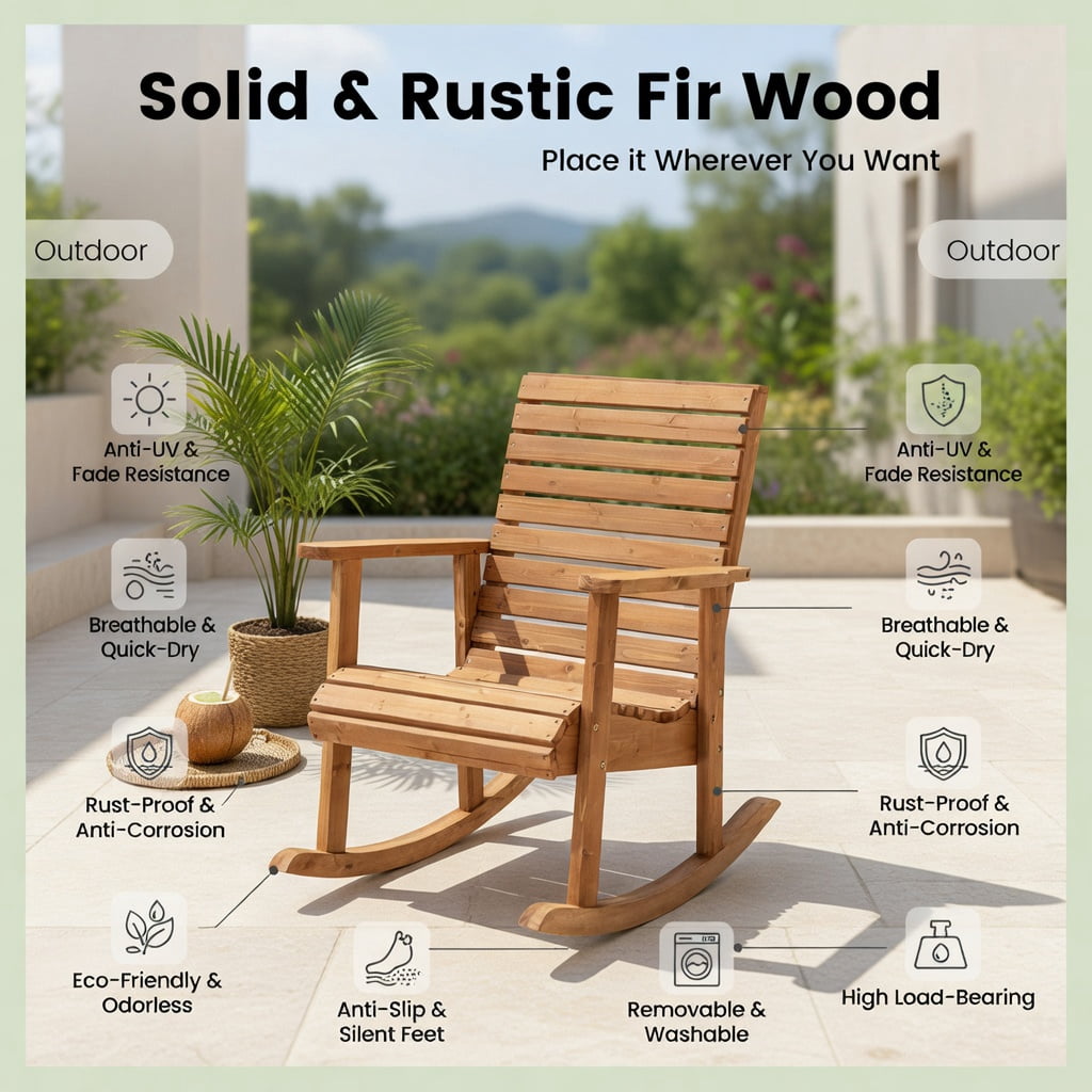 Hommoo Fir Wood Outdoor Rocking Chair with High Backrest, for Porch & Patio Seating, Brown