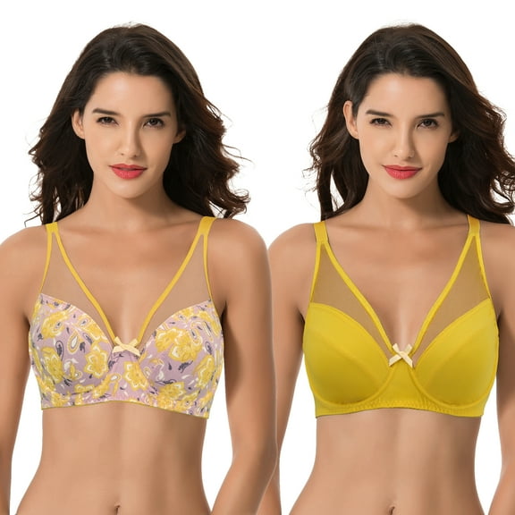 Curve Muse Plus Size Minimizer Underwire Bra with Floral and leopard Print-2pack-YELLOW,MAUVE/YELLOW (Size:34B)