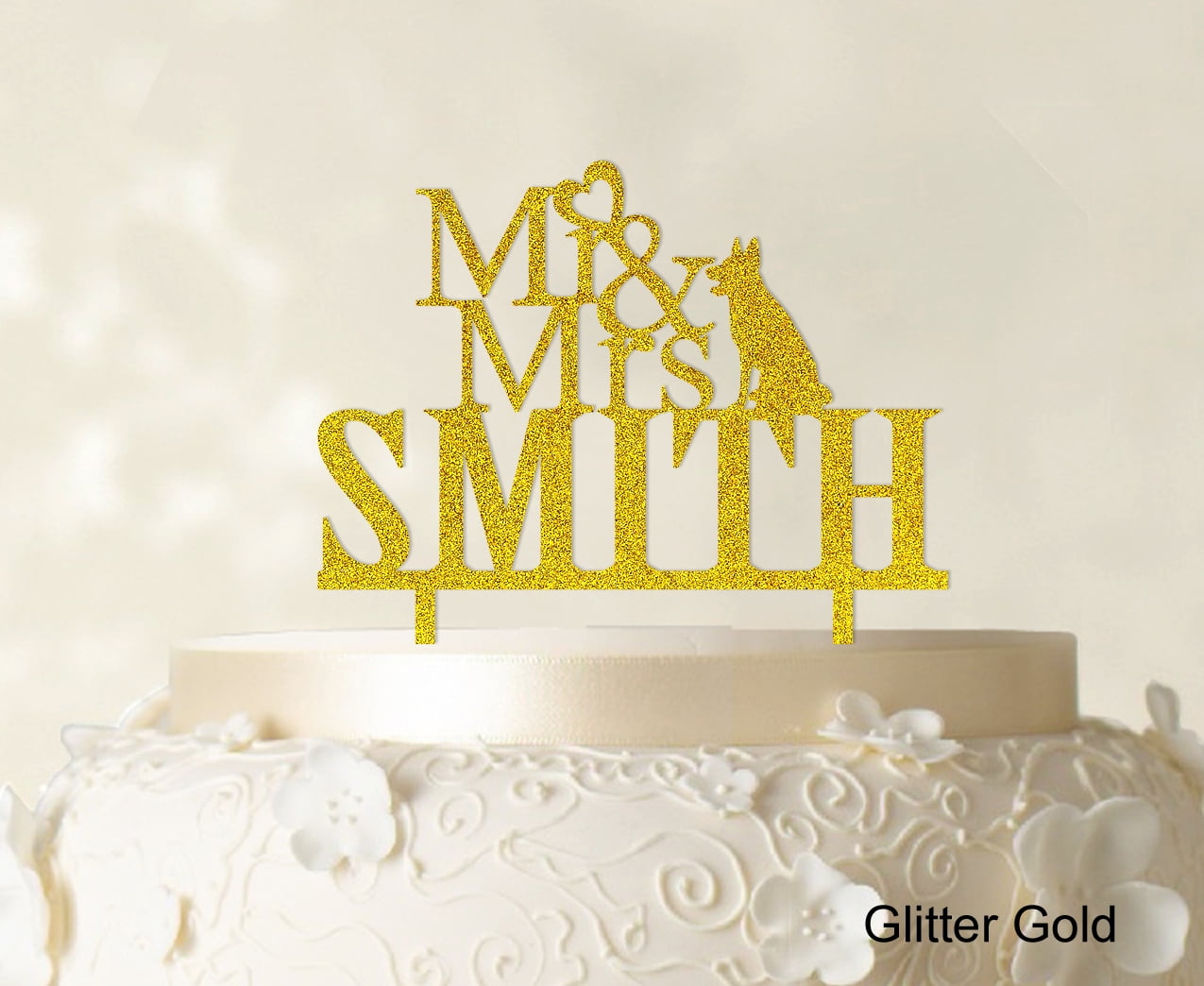 "Mr & Mrs Wedding Cake Topper Custom Glitter Yellow Cake Topper Color