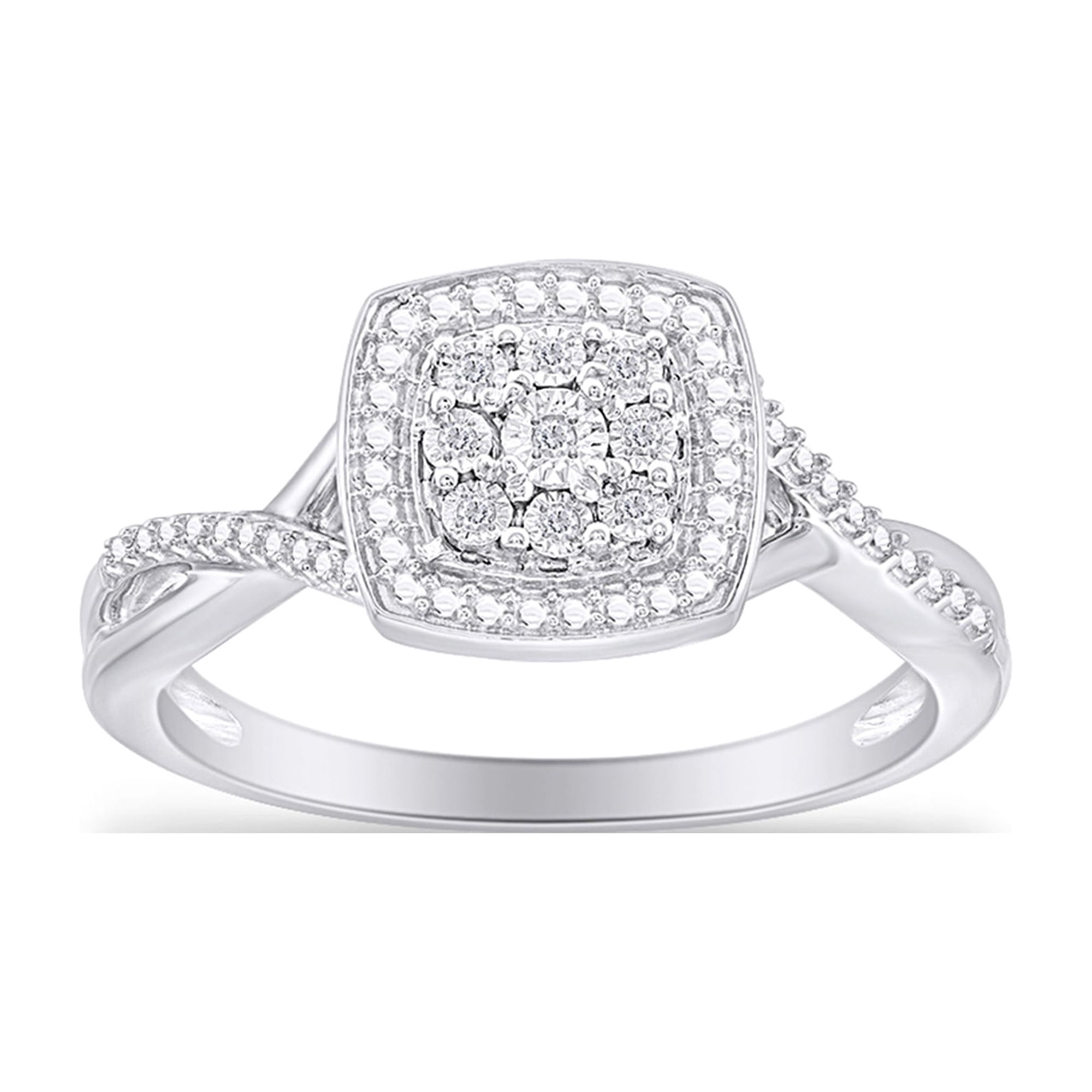 AFFY 14K Gold Over Sterling Silver Round Cut Natural White Diamond Accent Bead Cushion Frame Promise Ring For Women's (0.05 Cttw, J-K Color, I2-I3 Clarity)