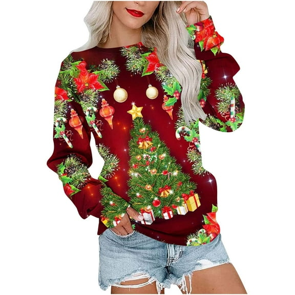 Cyber and Monday Deals Dianli Christmas Sweatshirt for Women Long Sleeve Round Neck Reindeer Print Women Tops Blouses Casual Loose Fashion Tops Tunic Vintage Womens Fall Sweaters
