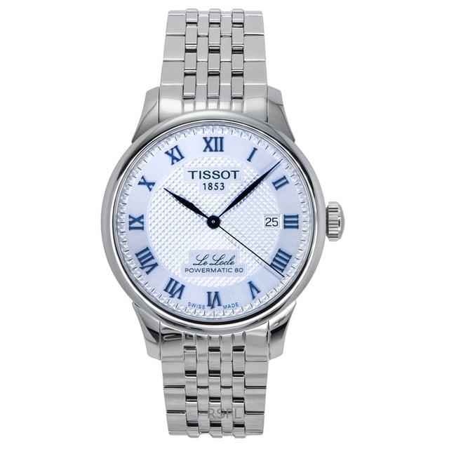 tissot le locle powermatic 80 20th anniversary stainless steel silver dial automatic t006.407.11.033.03 men's watch Frontal centrado del reloj Tissot Le Locle con caja y brazalete de acero inoxidable plateado, esfera plateada texturizada, numerales romanos azules, manecillas azuladas tipo hoja, ventana de fecha a las 3 y corona estriada.