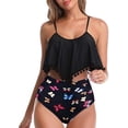 thumbnail image 1 of Women High Waisted Bikini Ruffle Swimsuit Flounce Pom Pom Trim Two Piece Bathing Suit Black Butterfly (M, 1 of 6