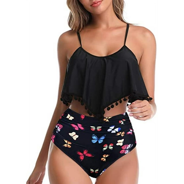 Women High Waisted Bikini Ruffle Swimsuit Flounce Pom Pom Trim Two Piece Bathing Suit Black Butterfly (M