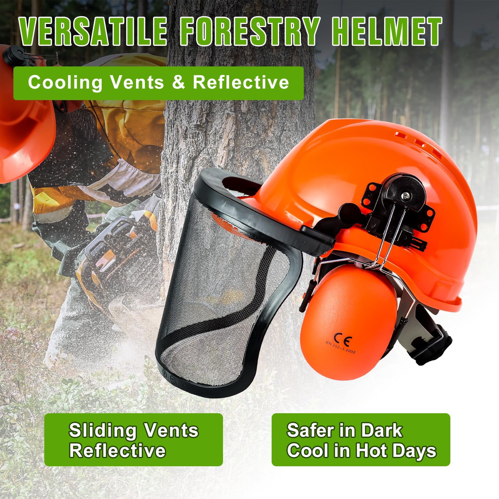 Chainsaw Helmet with Face and Ear Muffs, Forestry Safety Helmet, Safety Protective Helmet Arborist Helmet for Mowing Trimming Yard Work Landscaping Construction and Weed Whacking
