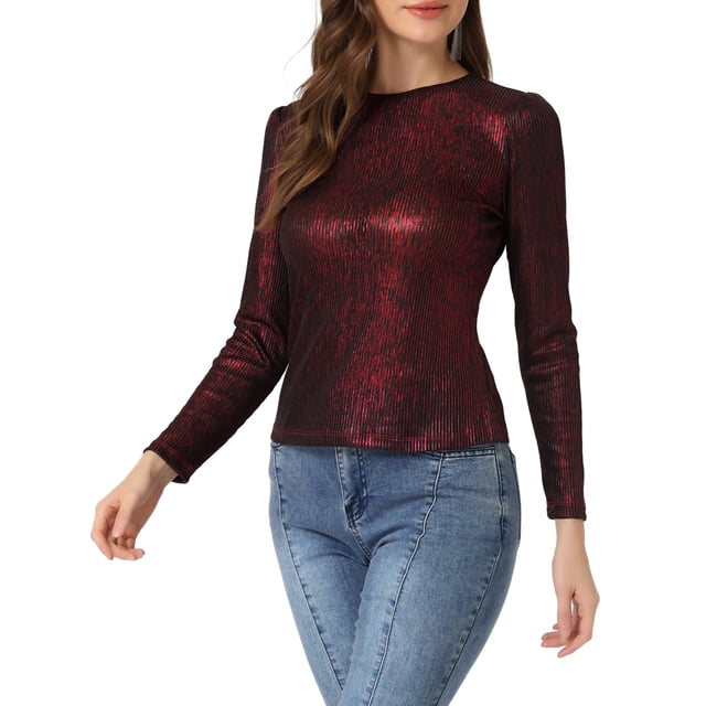 INSPIRE CHIC Haut pour Femme à Manches Longues Scintillant Pailleté Brillant Métallique Hauts m Noir Rouge