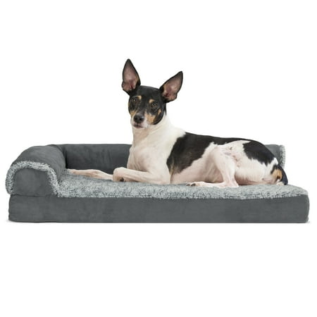 UPC: 0842229107418 | FurHaven Pet Products Two-Tone Faux Fur & Suede Deluxe L-Chaise Memory Top Sofa-Style Pet Bed for Dogs & Cats – Stone Gray  Medium
