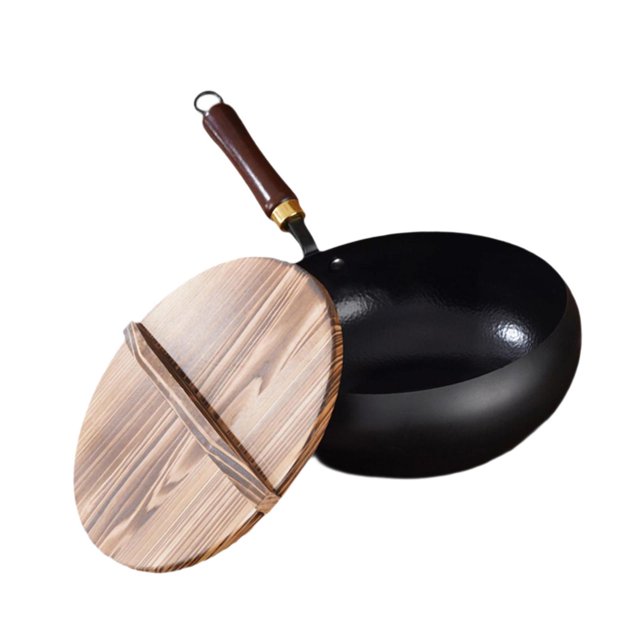 Sartén de hierro, utensilios de cocina, olla de hierro reutilizable con tapa de madera, wok antiadherente para 28 centímetros