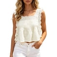 thumbnail image 2 of Mifsaly Womens Square Neck Lace Crochet Blouse Sleeveless Ruffle Embroidery Crop Top Elegant Flowy Summer Boho Pleated Shirt for Beach Vacation Beige,M, 2 of 7
