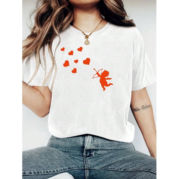 Valentine's Day Women's Fashionable LOVE Print T-Shirt - Casual Short Sleeve Crew Neck Top - LightweCamisetas para mujer, lindas camisetas con estampado gráfico, de manga corta, estilo casual, para ve
