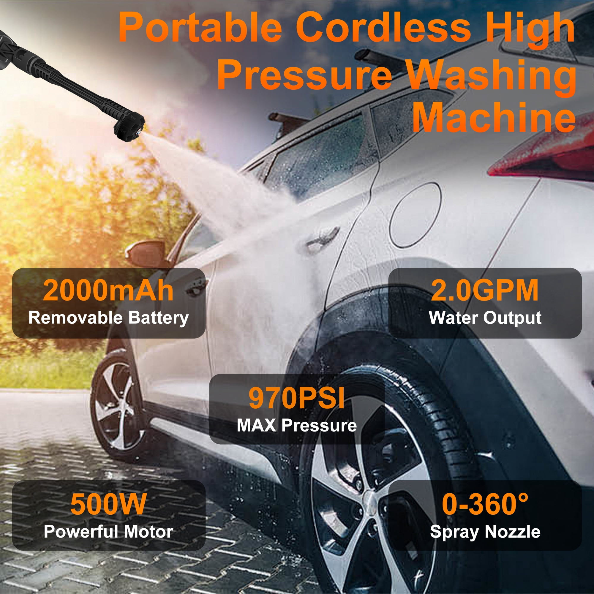 Cordless Pressure Washer, 970PSI portable pressure washer, High Power Handheld Washer with 6-in-1 Adjustable Nozzle, 24V 2000 mAh Battery for Car, Floor, Garden