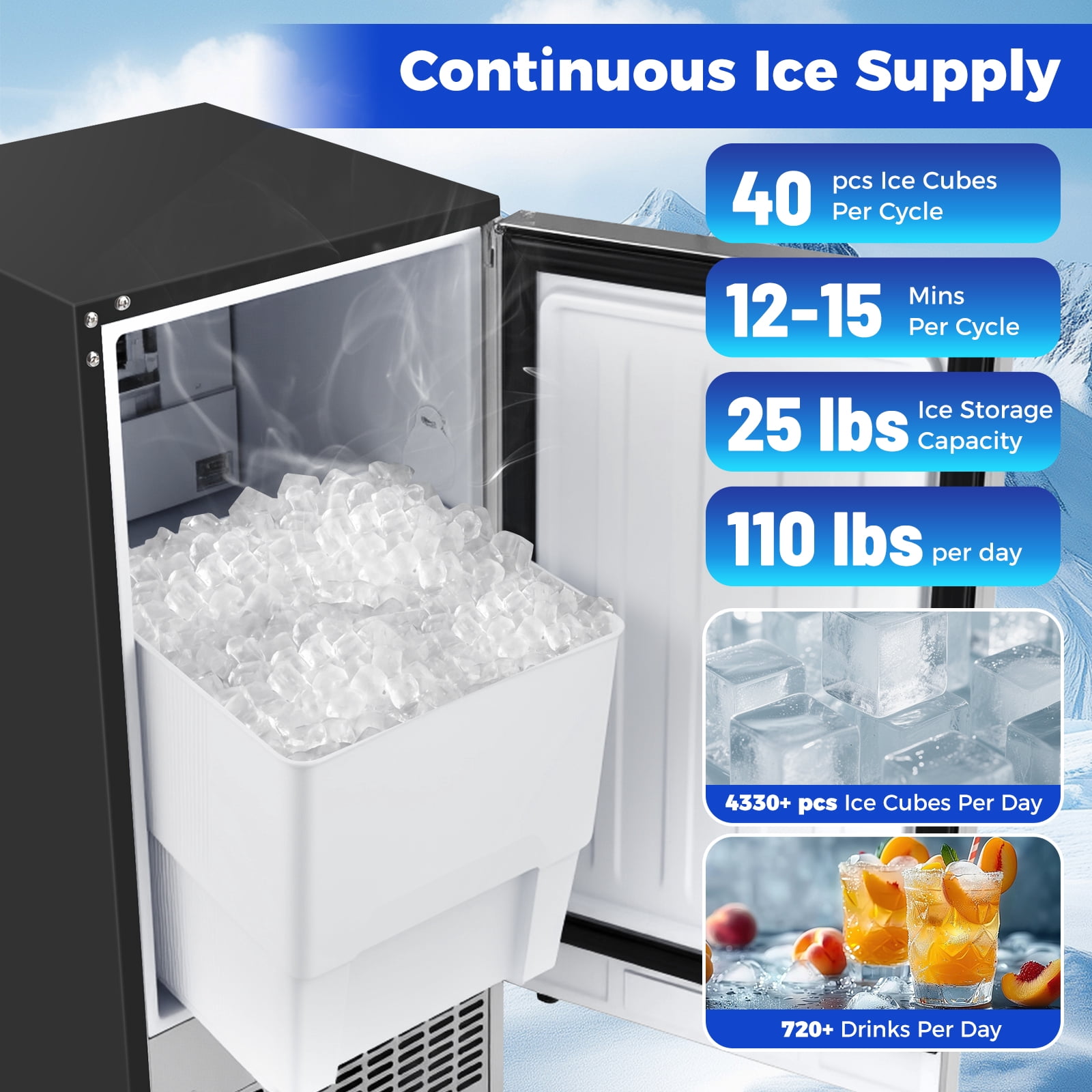 Costway Freestanding Ice Maker, 110 lbs/24H Undercounter/ Ice Machine with 25 lbs Capacity Silver&Black