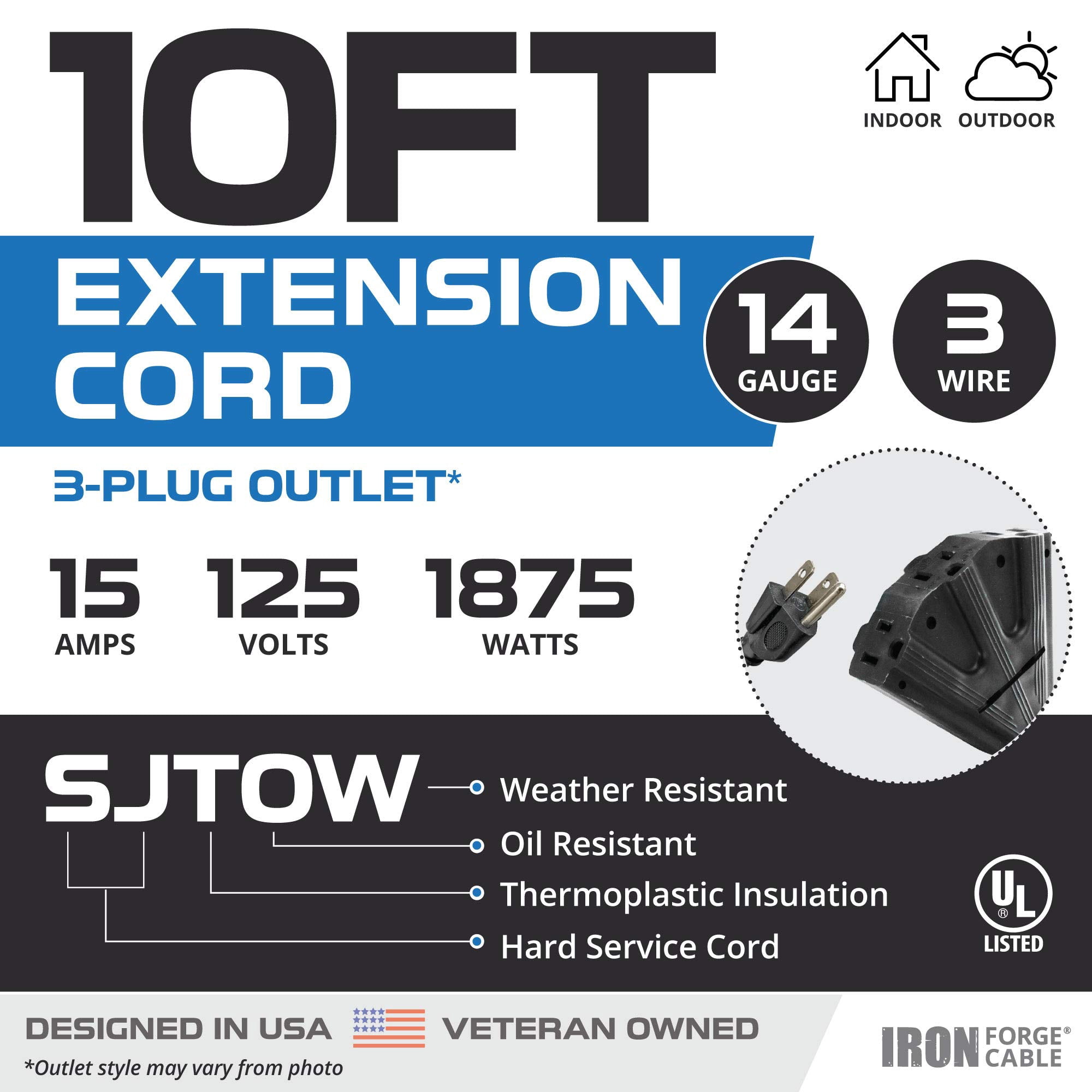 Iron Forge Cable 14 Gauge Outdoor Extension Cord 10 Ft with 3 Power Outlets, SJTOW 14/3 Heavy Duty Black 3 Prong, Oil Resistant & Flame Retardant