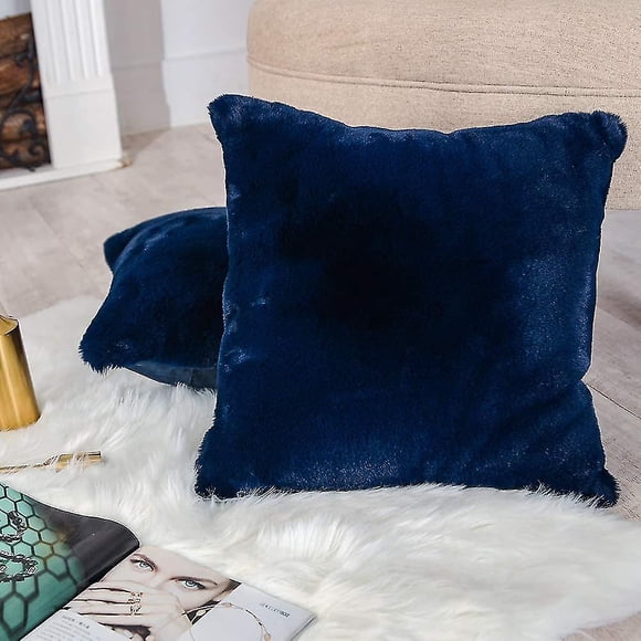2 Pieces Throw Pillow Covers Decorative Throw Cushion Covers Luxury Soft Faux Rabbit Fur Pillowcases For Sofa And Couch Bed Navy Blue 18 X 18 Inches N