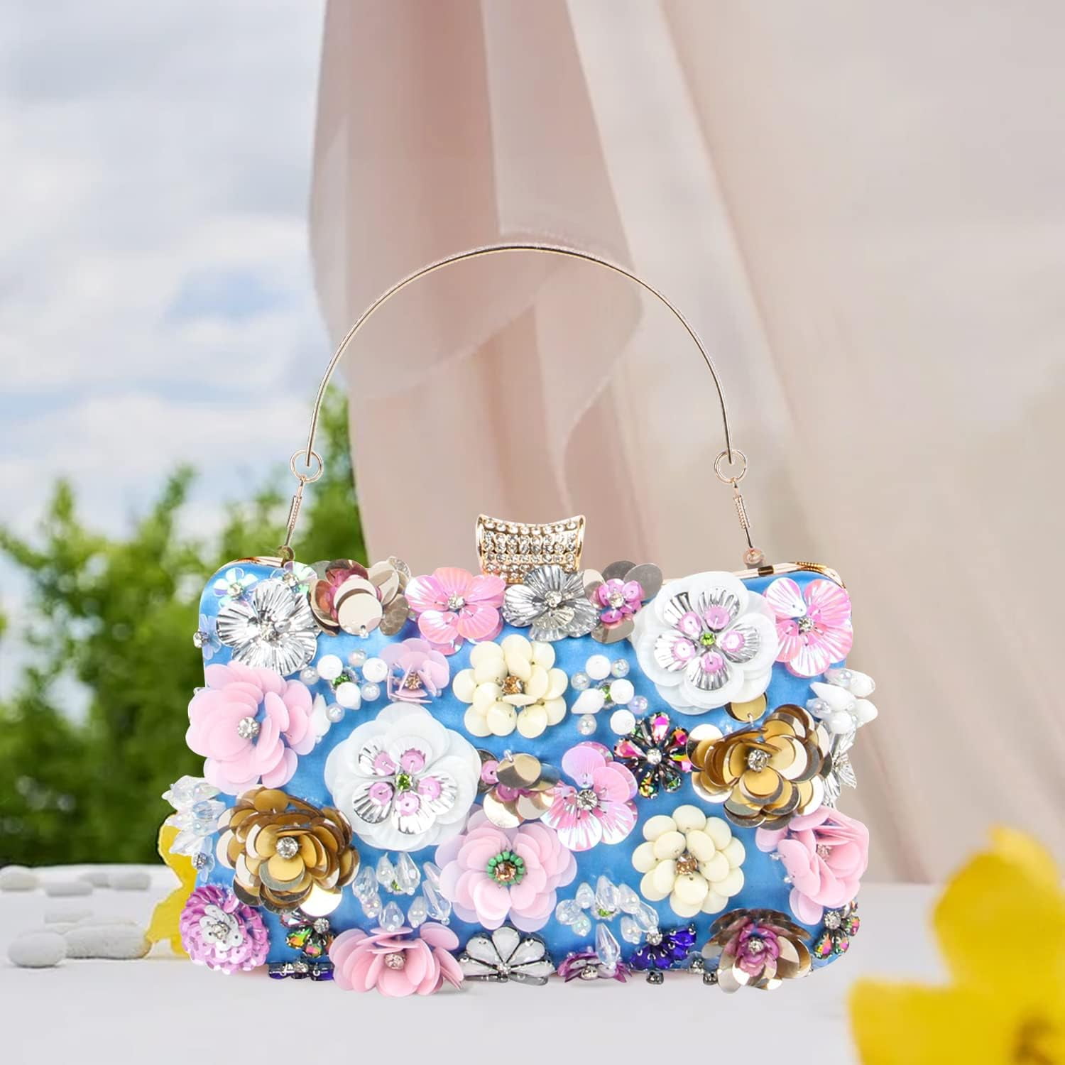 Women Elegance Floral Evening Clutch Purse Bags Flowers Beads Wedding Tote Bags Bride Shoulder Handbags