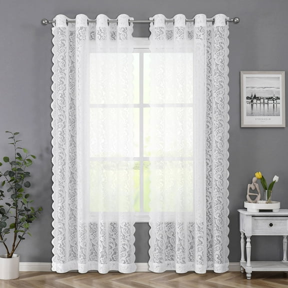 Pinewave White Lace Sheer Curtains for Living Room 84 inch Vintage Floral Curtain Panels Set of 2 Luxury Light Filtering Drapes Grommet Top