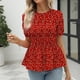 thumbnail image 3 of Camiseta de verano con dobladillo con volantes y mangas cortas con cuello redondo y estampado floral elástico para mujer Rojo L, 3 of 6
