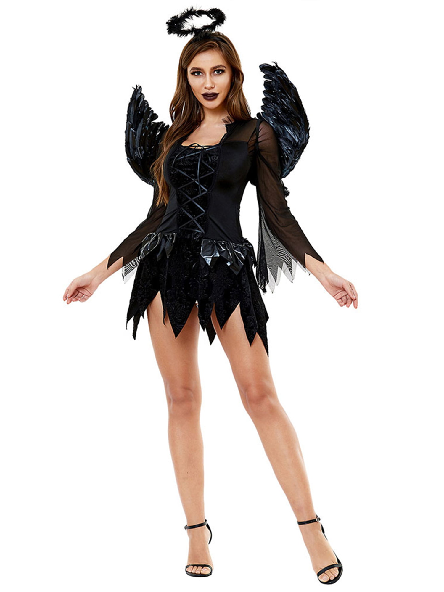 Musuos Halloween Dark Angel Costume Angel Wings Festival Dress for Women  Ghost Bride Devil Suit