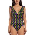 thumbnail image 2 of Yiaed Mardi Gras Shiny Green Purple Print Women's Ruffled One Piece Swimsuit V Neck Swimwear Slimming Monokini for Woman-Small, 2 of 8